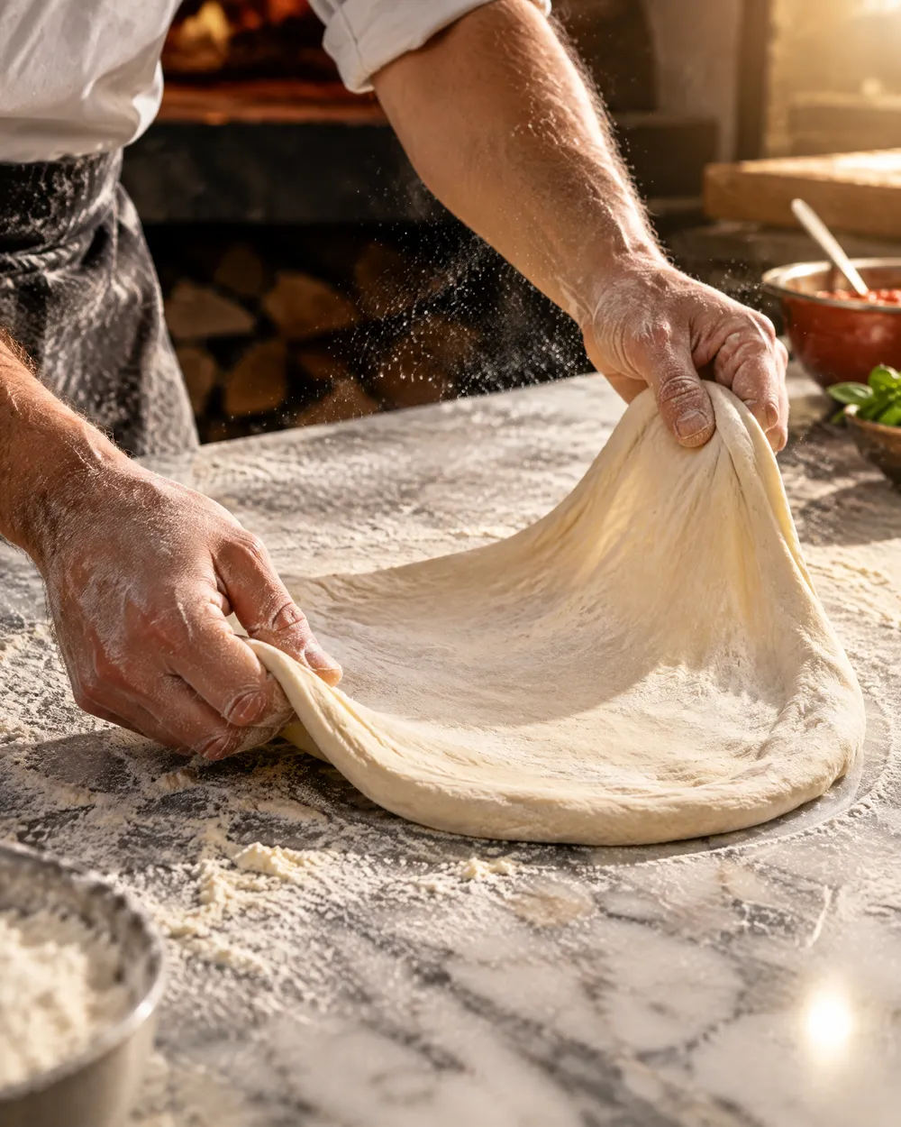 Hands stretching fresh pizza dough on marble