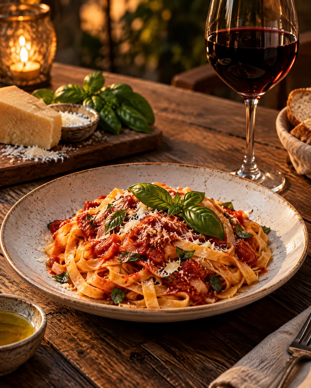 A plate of fresh pasta with tomato and basil and a glass of red wine